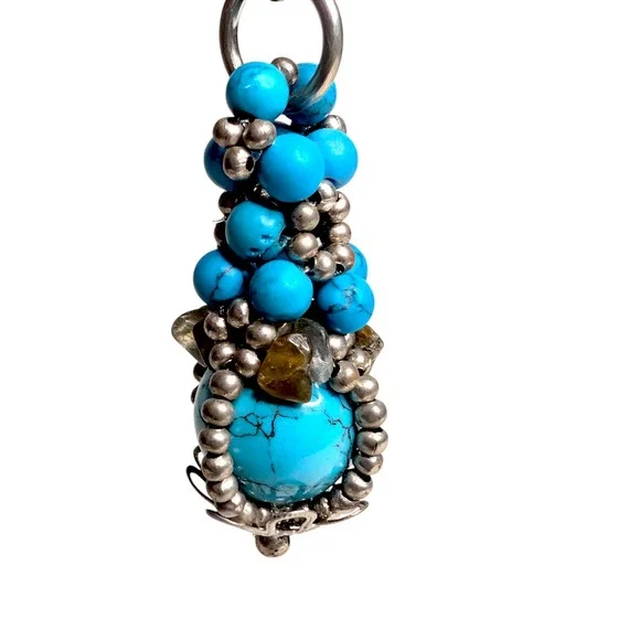 Pam Hiran Turquoise Beaded Cluster Pendant Necklace Silver Tone Boho 18 Inch - Picture 3 of 8